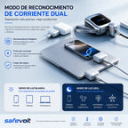 Promotional infographic for the Safevolt Dual Current Mode Recognition Power Adapter, showing a white and blue dual-device charger connected to a laptop and smartphone. The graphic features Spanish text detailing its intelligent recognition, advanced protection, and dual white/blue light modes for different device types.